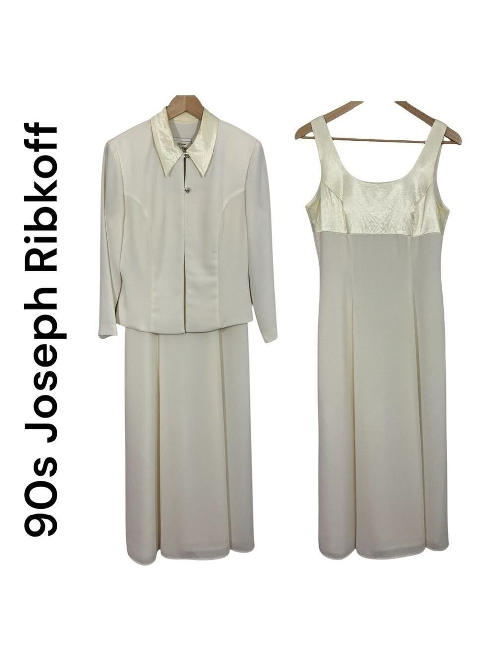 Vintage 90s Joseph Ribkoff Evening Dress + Jacket Sz 8 White Cream Satin Classy